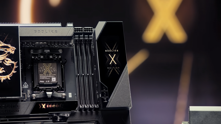 Godlike X Edition motherboard with intricate design and branding details.
