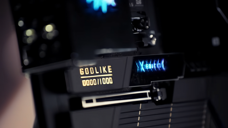 Close-up of a high-end graphics card with Godlike and X Edit display.