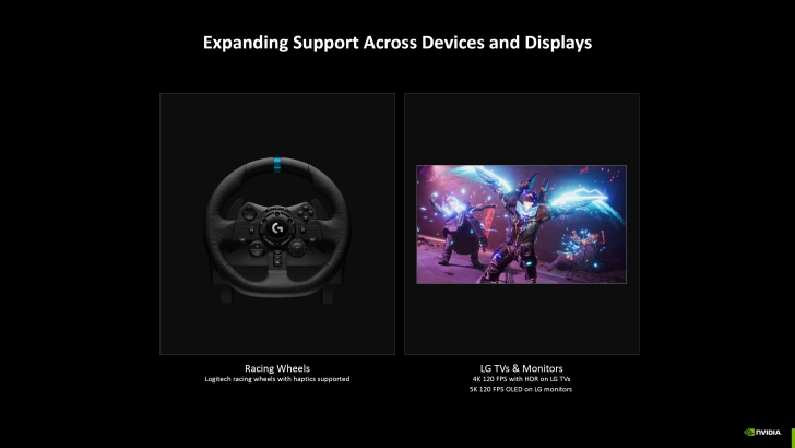 Logitech racing wheel and vibrant gaming scene showcasing device support expansion.