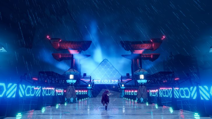 Futuristic neon-lit scene with pyramid, rain, and person running, vibrant blue and pink lights.
