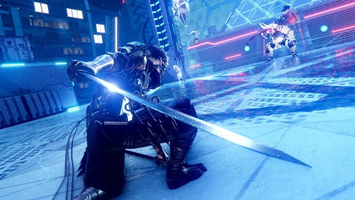 Futuristic warrior wielding a sword in a neon-lit cityscape battle scene, ready for combat.