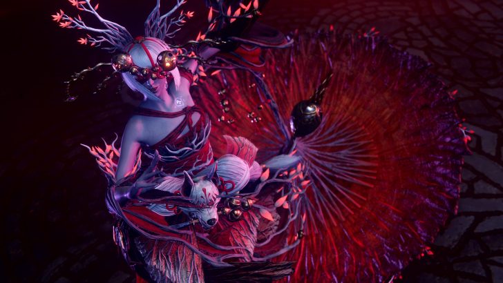 Fantastical creature with elaborate headpiece and vivid colors in a mystical setting.