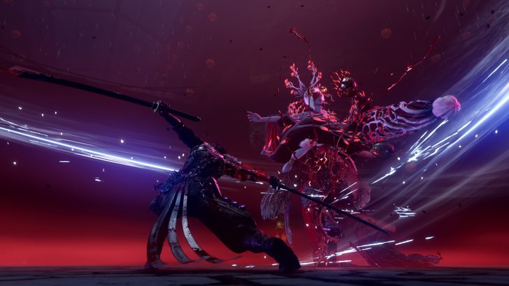 Epic battle scene in a fantasy game with a warrior facing a mystical creature amidst dramatic lightning.