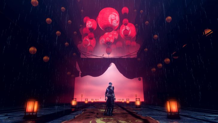 Mysterious warrior under red lanterns in the rain, creating an enigmatic night scene.