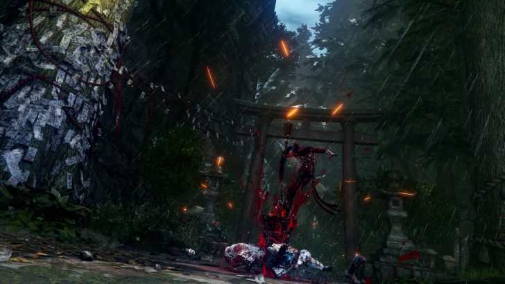 Dark forest battle scene with supernatural energy and dynamic action under rain.