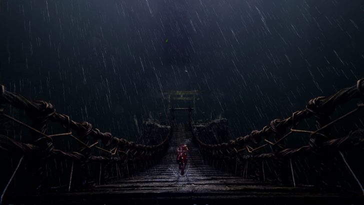 Person running on a rope bridge in rain towards a distant torii gate, dramatic atmosphere.