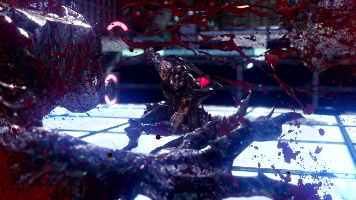 Futuristic armored warrior in intense battle with alien creature on high-tech platform.