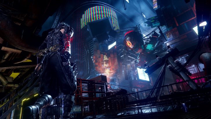 Futuristic cyberpunk cityscape with neon lights and a heavily armored character in the foreground.