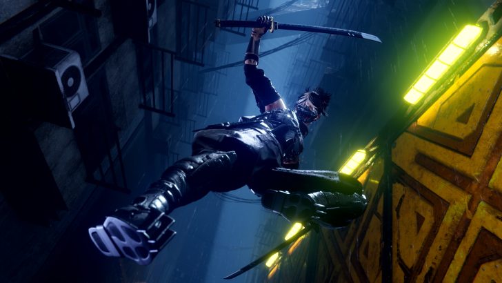 Cyberpunk ninja leaping with katana in futuristic alley at night.