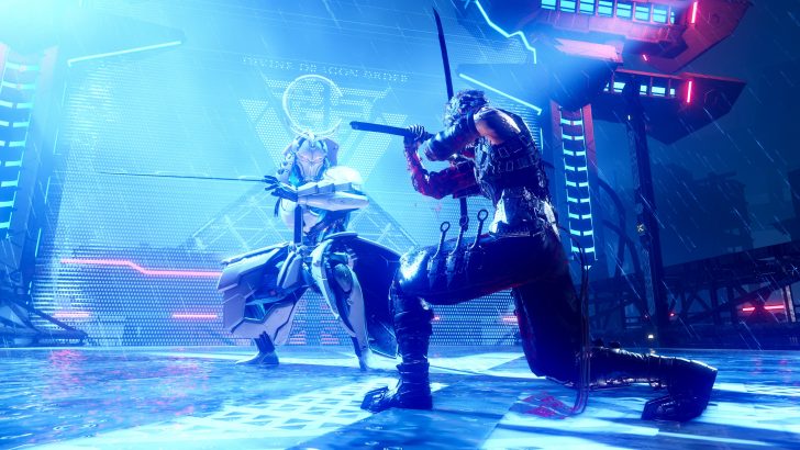 Futuristic duel between a samurai and a robot in a neon-lit arena, featuring dynamic action.