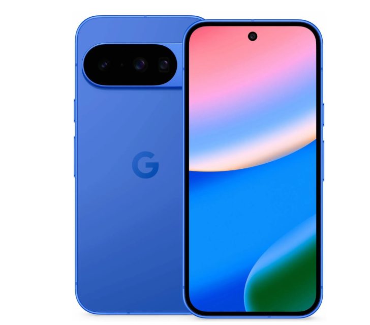 Blue smartphone front and back view, large display, and sleek design.