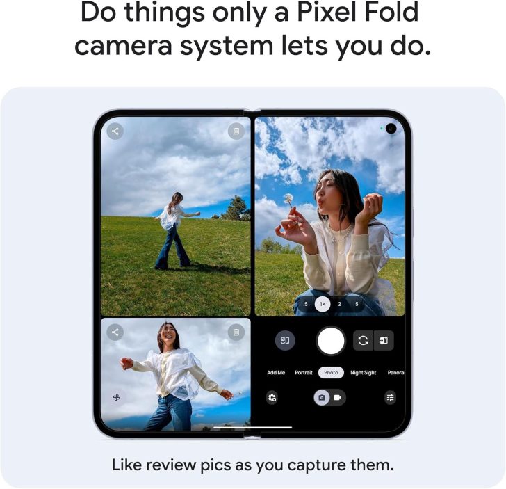 Pixel Fold capturing photos outdoors, showcasing camera interface and features in bright daylight.