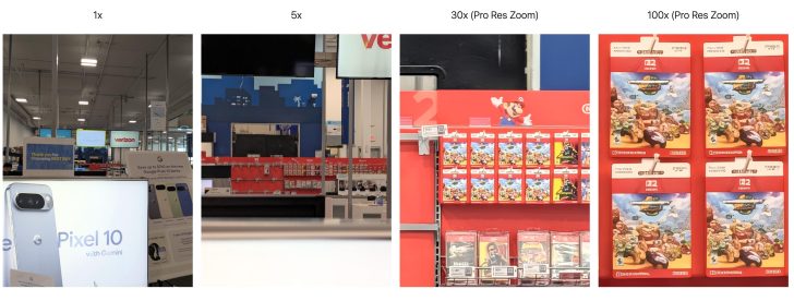 Google Pixel 10 zoom comparison from 1x to 100x in a store setting.