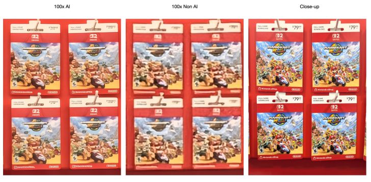 Nintendo eShop cards comparison: AI vs. Non-AI image quality close-up.