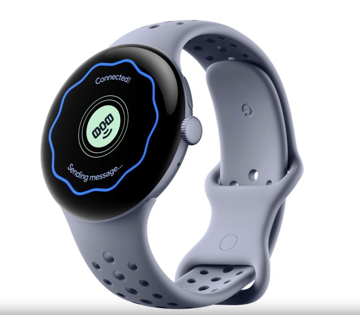 Modern smartwatch with gray band displaying Connected and “Sending message” on the screen.