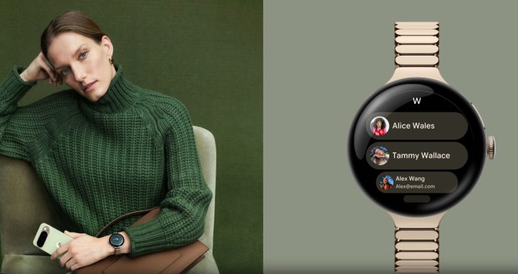 Woman in green sweater with smartwatch displaying contacts.