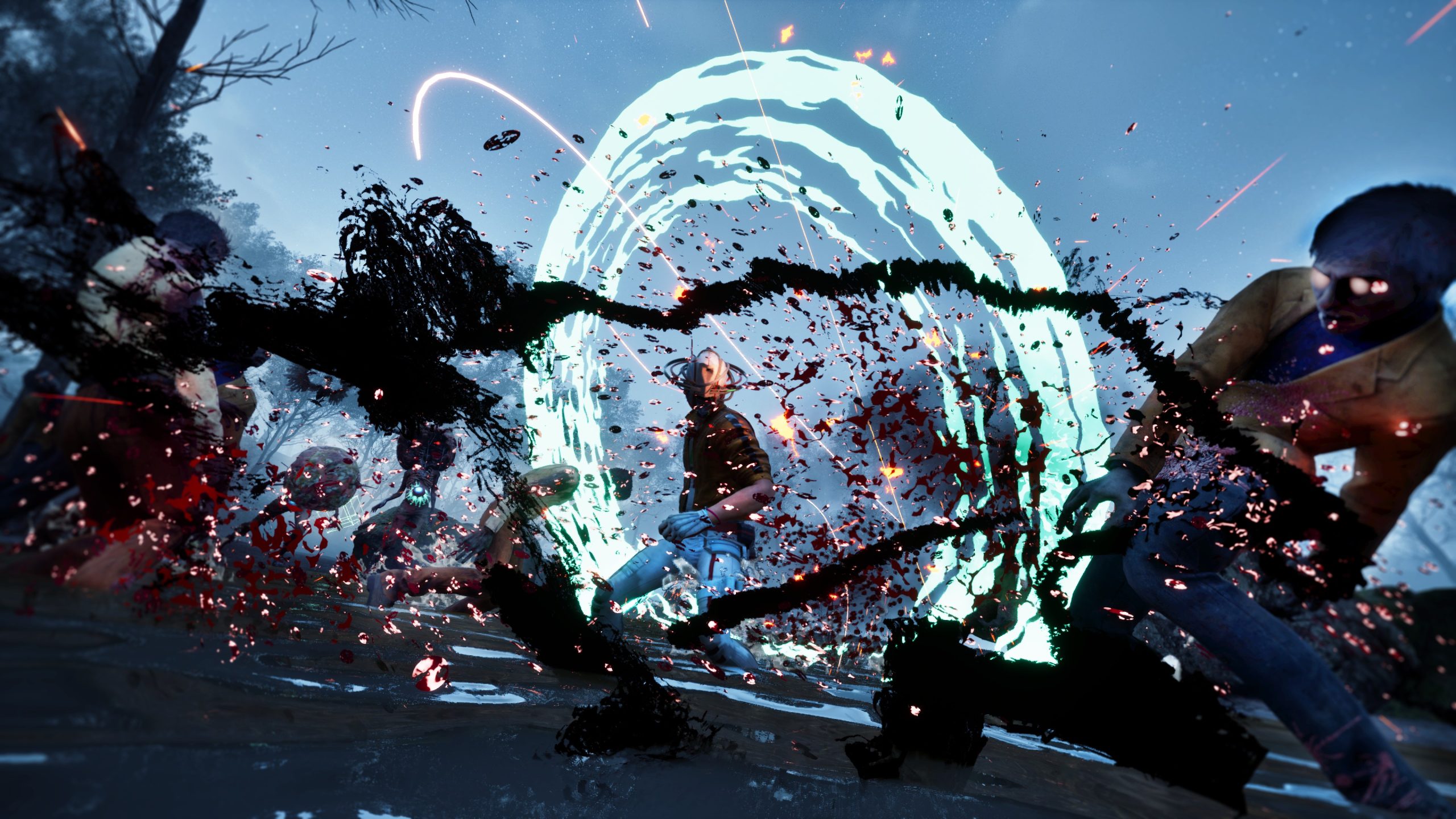 Intense virtual battle scene with action and neon swirls in a dynamic sci-fi setting.