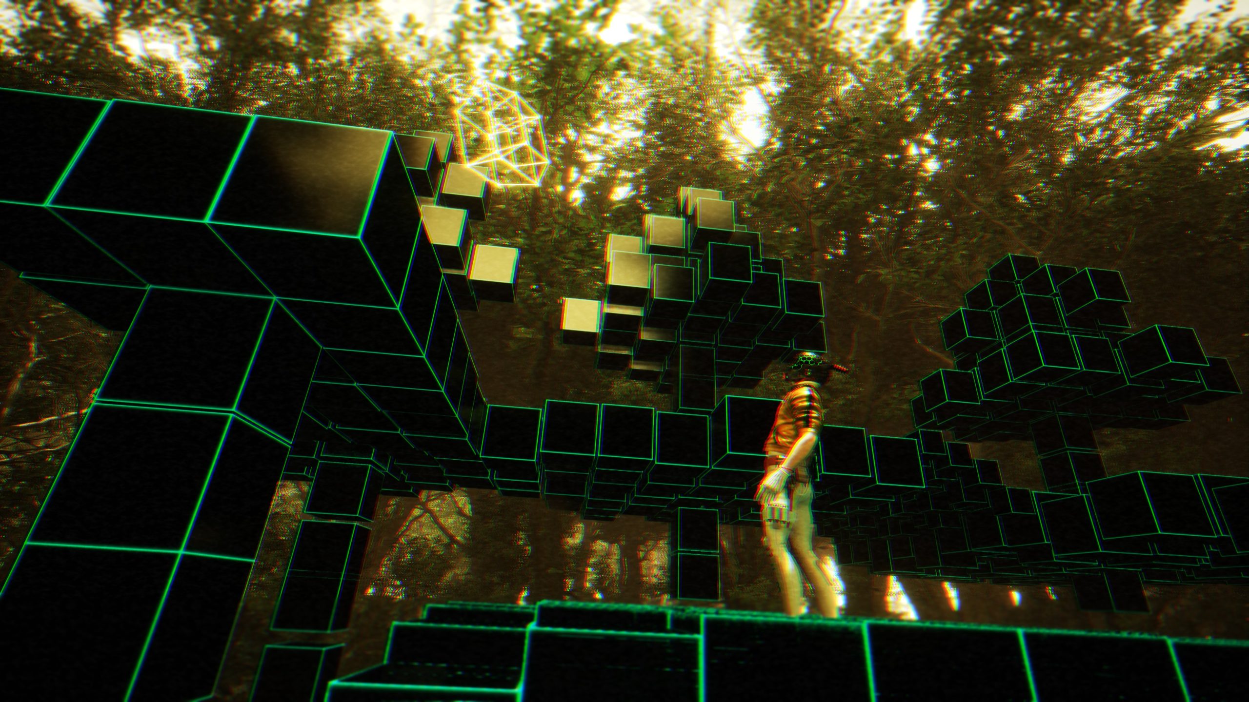 Futuristic scene with a character and neon digital blocks in a forest setting.