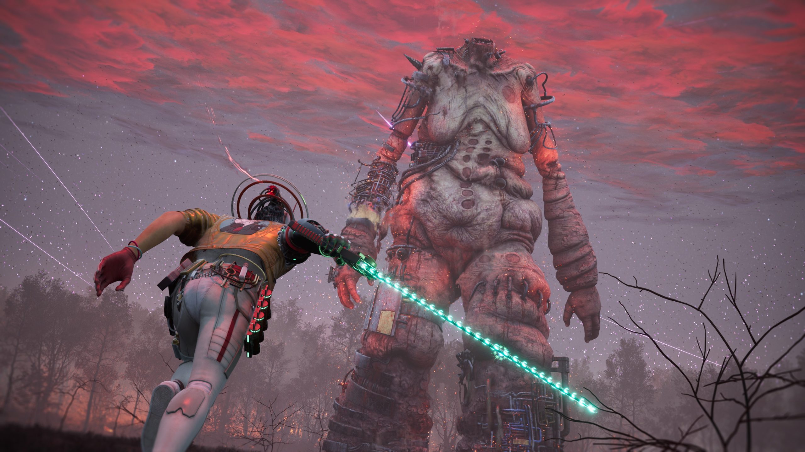 Sci-fi warrior confronts a giant alien under a fiery red sky.