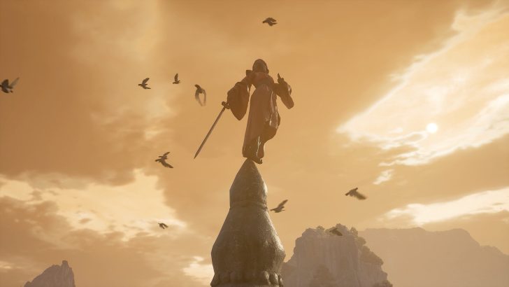 A robed figure balances on a spire with a sword, surrounded by birds against a sunset sky.