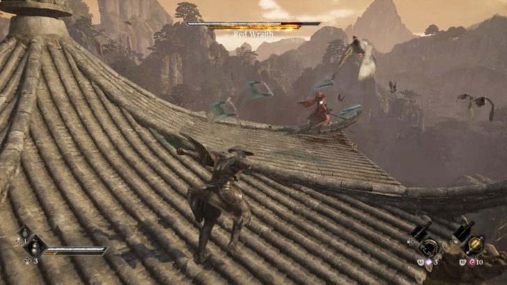 Video game scene showing Red Wraith health bar during rooftop battle with birds flying around.