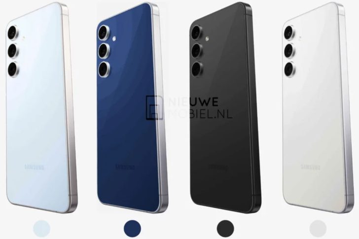 Samsung smartphones in four colors: white, blue, black, and silver. Modern design, triple cameras.