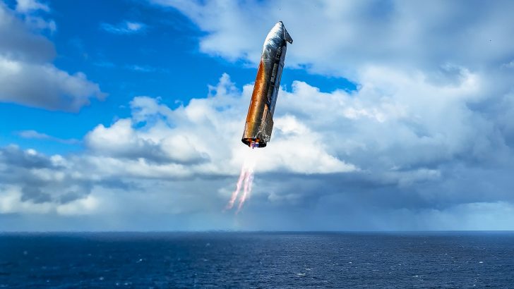 SpaceX rocket launching over the ocean with flame trail, against a cloudy sky.