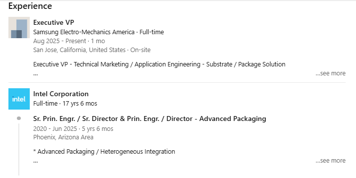 Professional experience in executive roles at Samsung and Intel.
