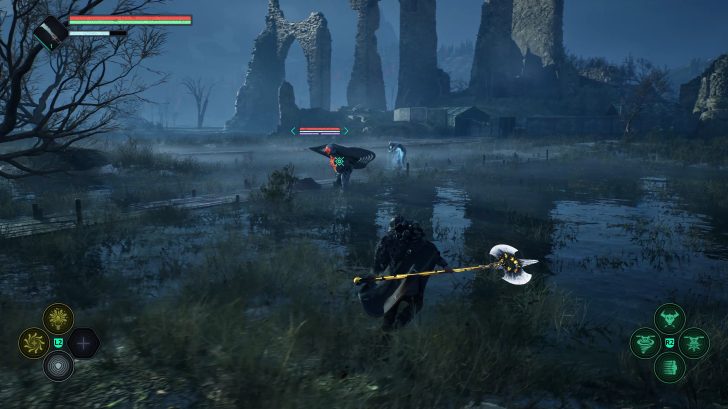 Video game screenshot showing a character with an axe facing a creature in a misty landscape, with HUD elements and health bars visible.
