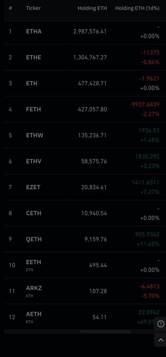 Cryptocurrency holdings data showing ETH holdings and daily percentage changes.