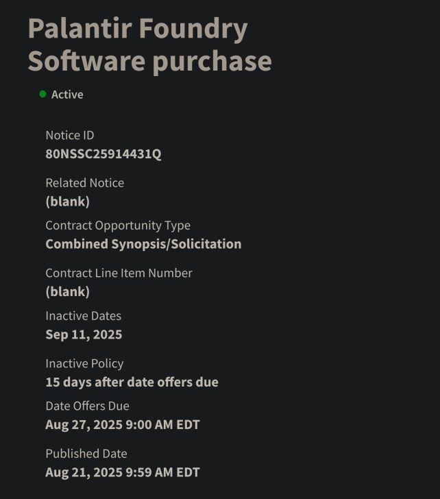 Palantir Foundry software purchase details and deadlines for contract notice ID 80NSSC25914431Q.
