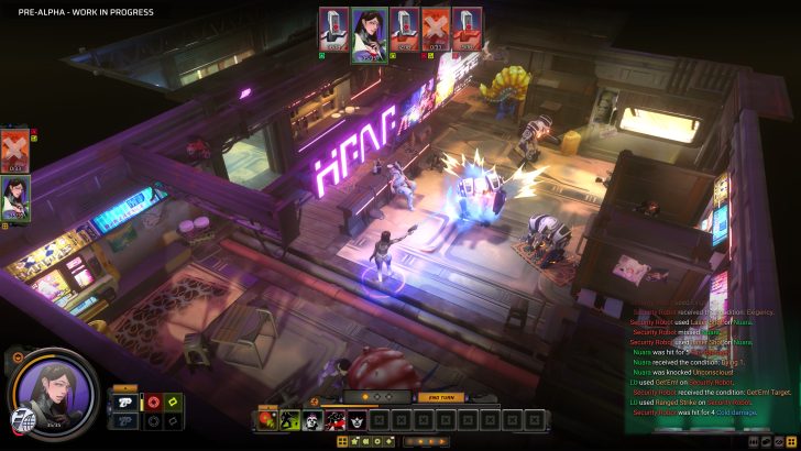 Futuristic game scene with characters and robots in cyberpunk bar environment.