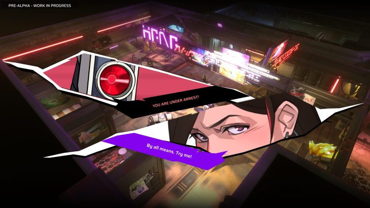Futuristic game scene with bold comic-style characters and dialogue: You are under arrest!