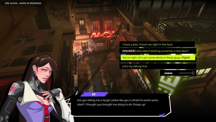 Animated character strategizes in cyberpunk alley, offering choices for an action RPG mission path.