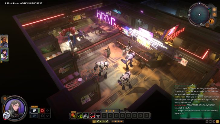 Futuristic bar scene with robots and characters in a video game setting, neon lights illuminating.