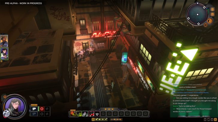 Cyberpunk alleyway scene in a video game, with neon lights and character interaction.