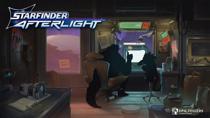 Futuristic office scene with aliens discussing a space mission at a high-tech workstation.
