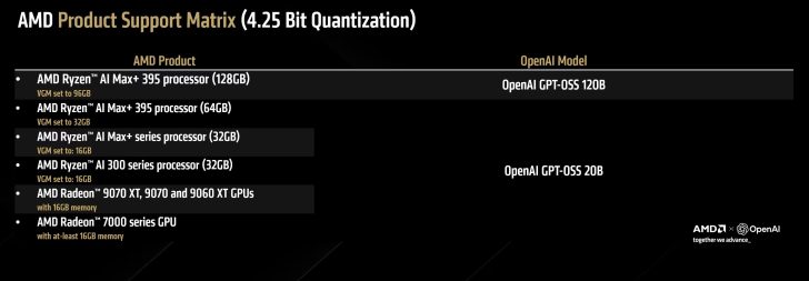 AMD Product Support Matrix including Ryzen and Radeon compatibility with OpenAI models.