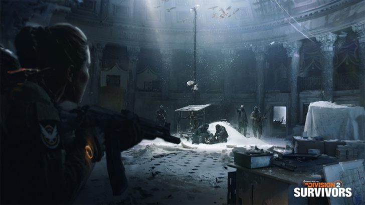 A soldier approaches a group in a snowy, abandoned indoor setting, ready for action.