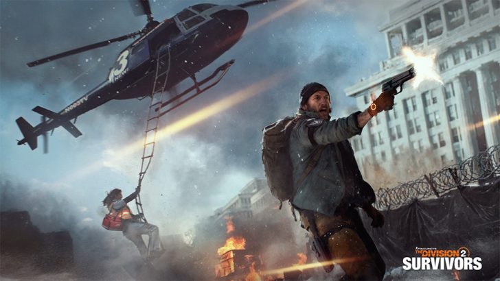 Man shooting with a pistol, helicopter above, chaos in a cityscape, The Division 2: Survivors scene.