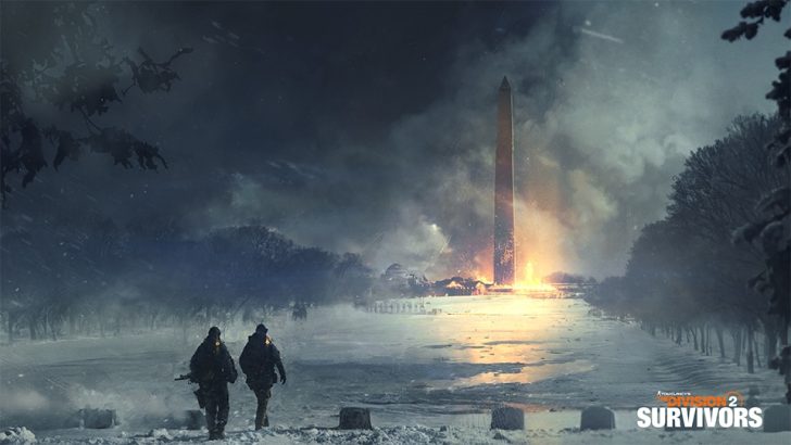 Two figures in winter gear approach a fiery monument in a snowy, apocalyptic landscape.