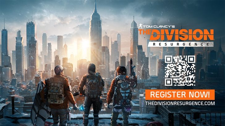 Three figures in winter gear overlooking a snowy cityscape in 'The Division Resurgence' promo.