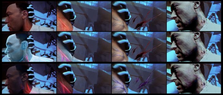 A sequence depicting a man's head held by a robotic hand with visible internal anatomy overlays, set in a dimly lit environment.