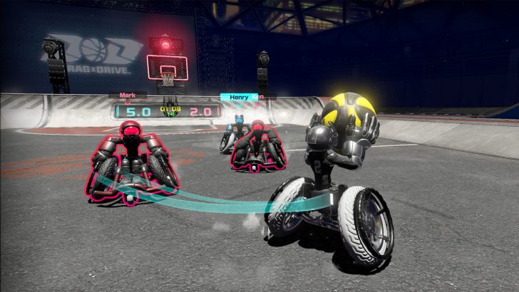 Futuristic basketball robots compete in intense game on a high-tech court.