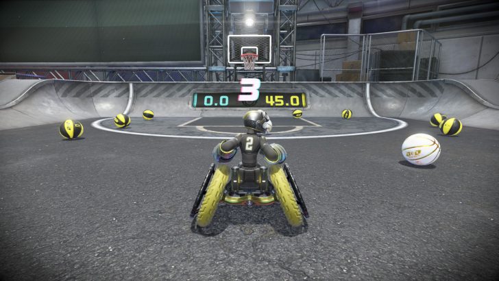 Futuristic game character in a wheeled chair aiming for a basketball hoop in an arena.