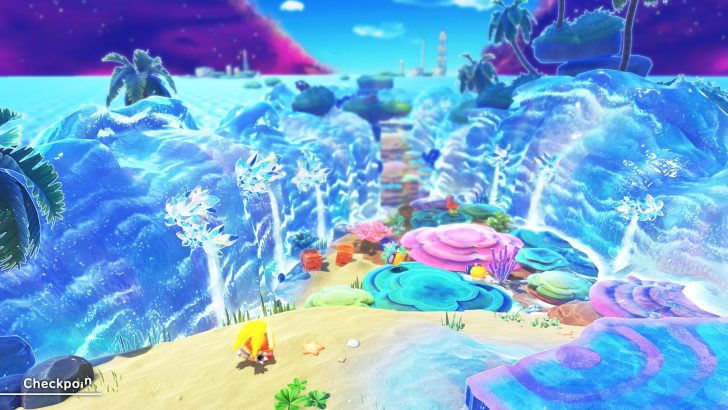 Colorful fantasy beach scene with vibrant coral, palm trees, and a vibrant sky.