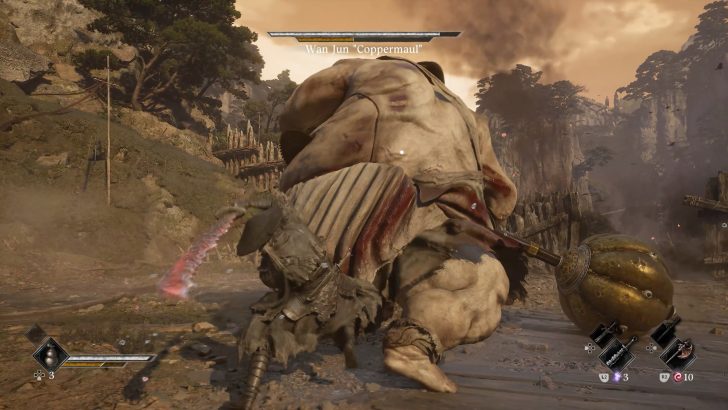 Giant creature labeled Wan Jun 'Coppermaul' battles on a dirt path, with game interface elements displayed.