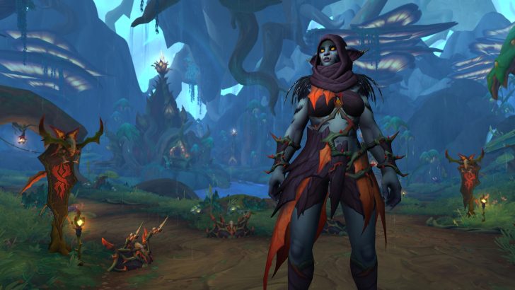 Fantasy character in woodland realm with vibrant foliage and mystical vibe.
