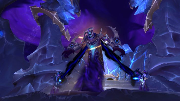 Mystical armored figure in an icy, glowing cave, surrounded by deep violet light.
