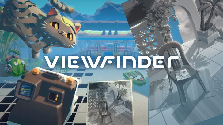 Stylized image with cat, polaroid camera, and Viewfinder text in surreal environment.